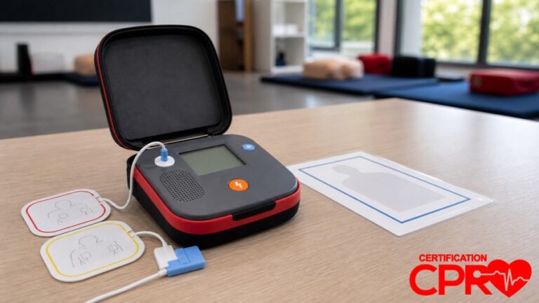 AED trainer and electrode pads for practicing voice prompts in an Arlington CPR classroom.