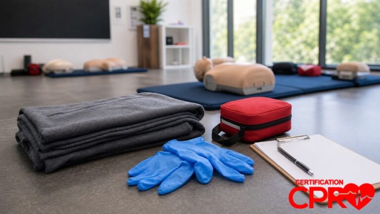 First aid training supplies for practicing seizure response in an Arlington classroom.