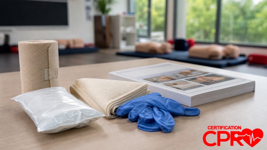 CPR training materials and certification supplies in Arlington classroom.