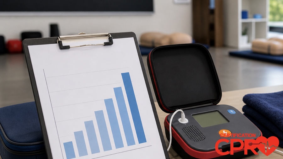 CPR statistics chart with AED trainer in an Arlington classroom.