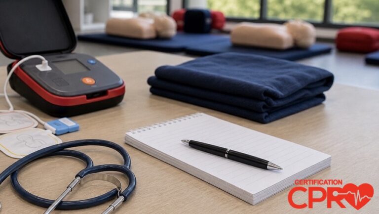 AED trainer, stethoscope, and CPR classroom supplies for an Arlington article on heart attack versus cardiac arrest.