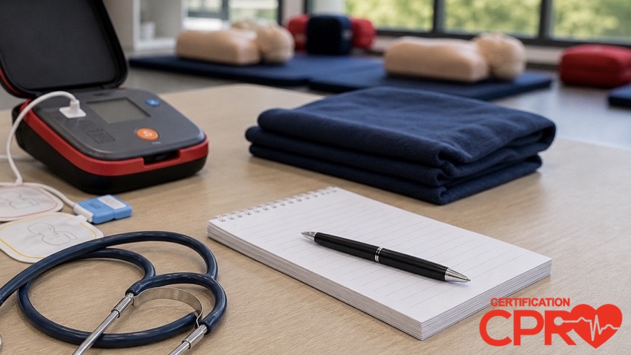 AED trainer, stethoscope, and CPR classroom supplies for an Arlington article on heart attack versus cardiac arrest.