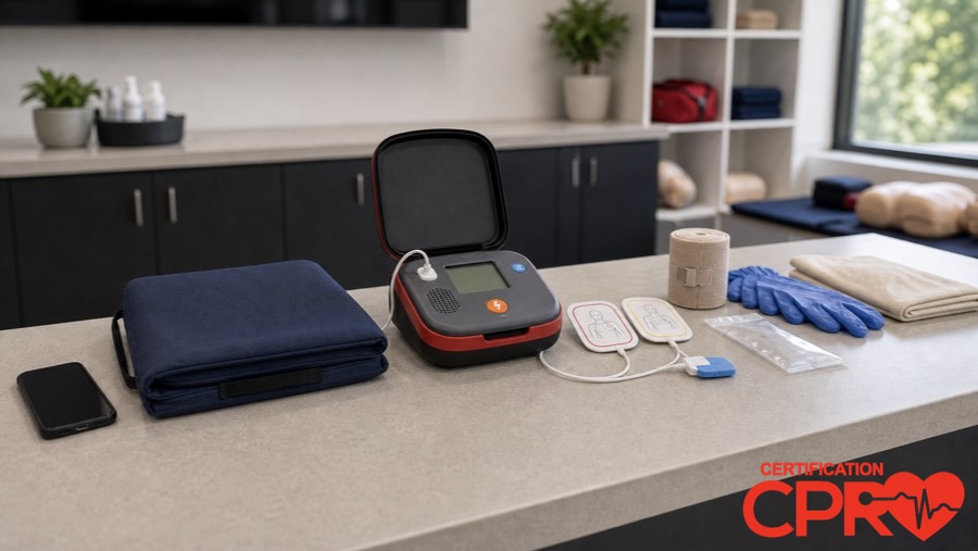 AED trainer and CPR classroom supplies for learning the Chain of Survival in Arlington.