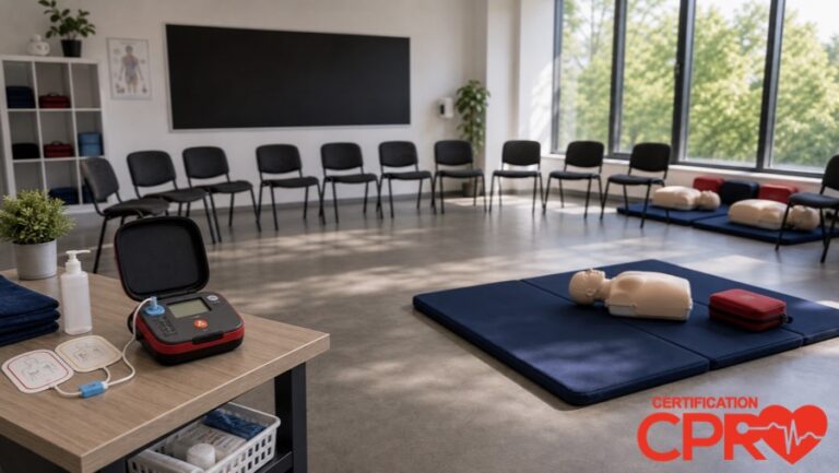 CPR classroom setup for practicing emergency response skills in Arlington.