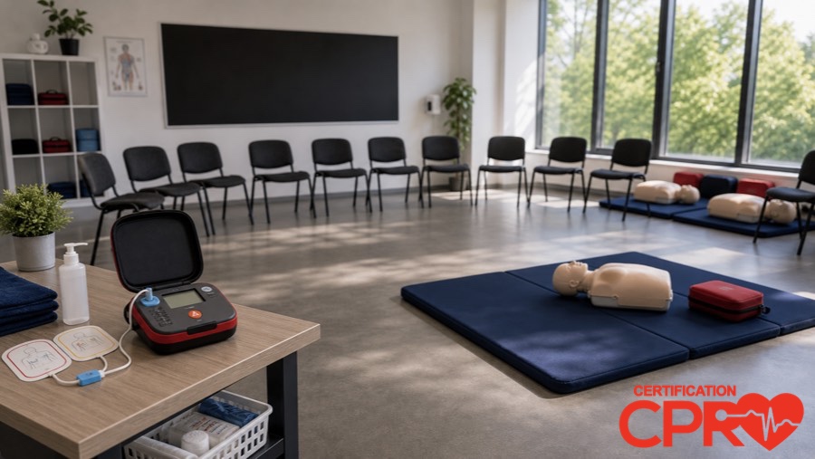 CPR classroom setup for practicing emergency response skills in Arlington.