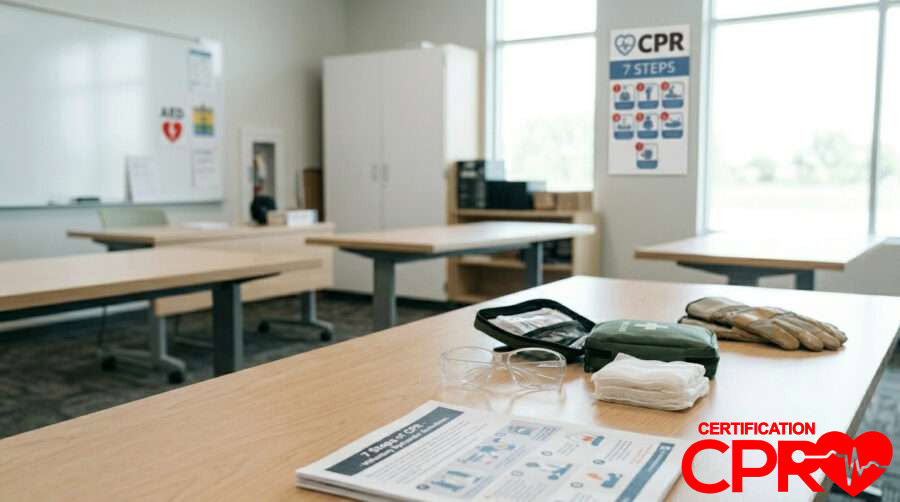 CPR training setup with manikins and instructional materials in Arlington.