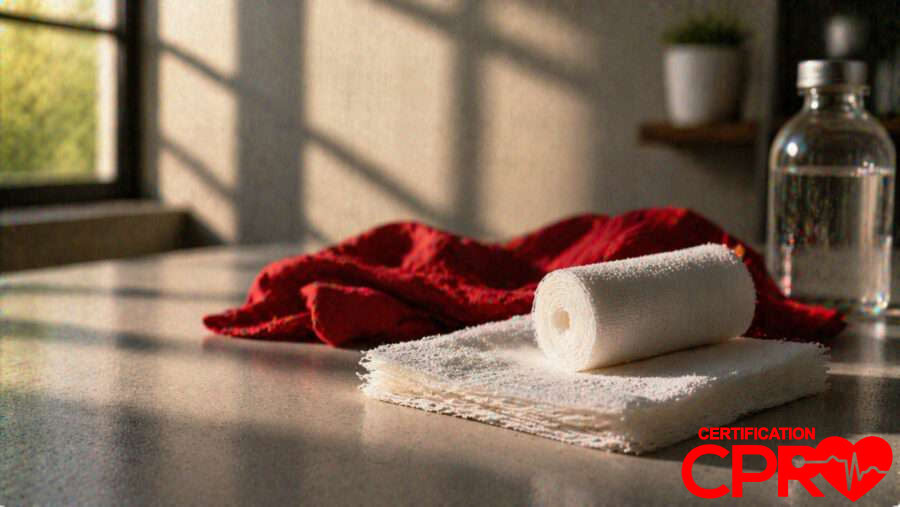 CPR certification training supplies in Arlington, including a roll of gauze and first aid essentials.