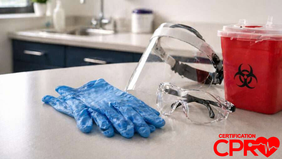 CPR training supplies including gloves, goggles, and biohazard container in Arlington.